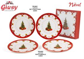 Set 4 Piatti Piani Con Decoro Albero Di Natale In Porcellana Navel 27 Cm Con Scatola Regalo 1*6