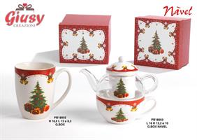 Set Teiera-Tazza-Infusore Con Decoro Albero Di Natale In Porcellana Navel H.16 Cm Completo Di Scatola 2*12