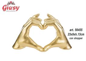 Cuore Con Mani In Resina Color Oro 23x9xH.13 Cm Completo Di Shopper 1*12