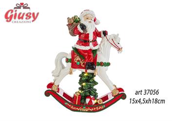 Babbo Natale Su Cavallo A Dondolo In Resina Con Luce Led 15x4,5xH.18 Cm 2*24