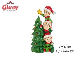 Albero Di Natale Ed Elfi In Resina Con Luce Led 13,5x10xH.23 Cm 1*16