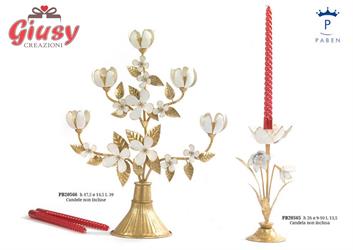 Candelabro In Metallo Con Fiori E Foglie H.47,5 Cm