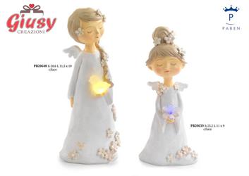 Angelo In Resina Con Fiori E Luce Led H.25,2 Cm 2*12