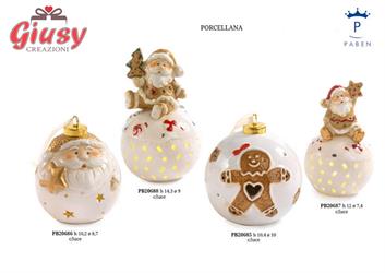 Babbo Natale Con Stella Su Sfera In Porcellana H.12 Cm Con Luce Led 6*48