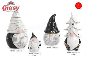 Gnomo Spiritoso In Ceramica Bianca E Nera Con Cappello Albero Di Natale Con Luce Led H.24 Cm 3*18