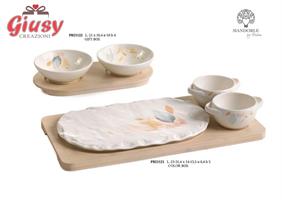 Set Tagliere Con 2 Ciotoline In Porcellana Su Vassoio In Legno 31,4 Cm Completo Di Scatola 1*12