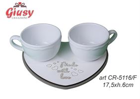 Set Tazzine In Ceramica Con Base In Legno Made With Love Color Fango 17,5xH.6 Cm Completo Di Scatola