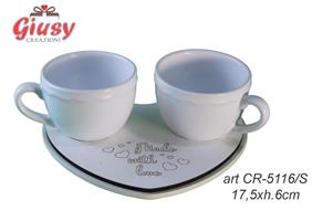 Set Tazzine In Ceramica Con Base In Legno Made With Love Color Sabbia 17,5xH.6 Cm Completo Di Scatola