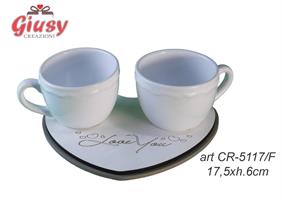 Set Tazzine In Ceramica Con Base In Legno Love Color Fango 17,5xH.6 Cm Completo Di Scatola