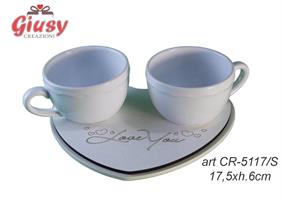 Set Tazzine In Ceramica Con Base In Legno Love Color Sabbia 17,5xH.6 Cm Completo Di Scatola