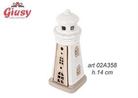 Faro In Porcellana Con Dettagli In Legno Con Led Senza Pile H.14 Cm 2*60